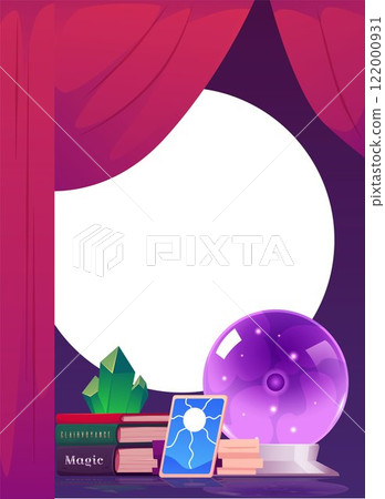 Vector illustration of round frame in fortune telling room with magic items, crystal ball, tarot cards, crystals. Vector illustration of round frame in fortune telling room with magic items, crystal ball, tarot cards, crystals. 122000931