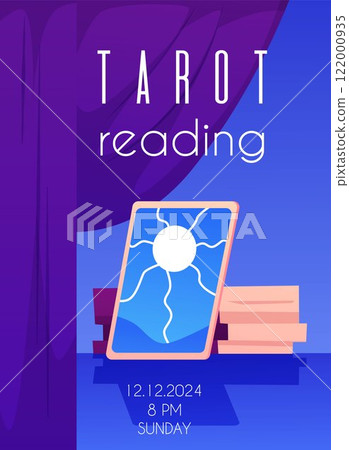 Vector illustration of a leaflet with tarot cards, date, time and place for text. 122000935
