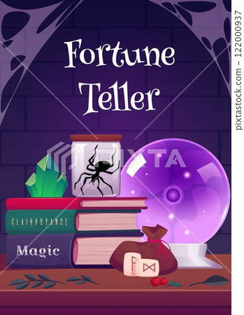 Magical vector elements on the divination poster: crystal ball, runes, crystal and books about magic 122000937