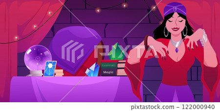 Illustration of a fortune teller's room with a table, crystal ball, tarot cards, character. Illustration of a fortune teller's room with a table, crystal ball, tarot cards, character. 122000940