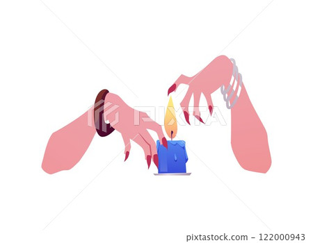 Vector element with female hands over burning candle for fortune telling on a white background Vector element with female hands over burning candle for fortune telling on a white background 122000943