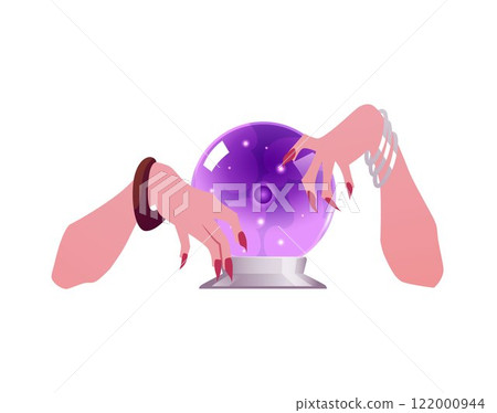 Vector of female hands with long nails and bracelets holding a crystal ball on isolated background. 122000944