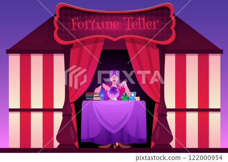 Gypsy woman medium reading future with magic crystal ball and tarot vector flat illustration cartoon fortune teller tent 122000954