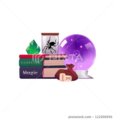 Fortune tellers accessories, occult ritual items vector flat illustration, magic crystal ball, clairvoyance books, runes 122000956