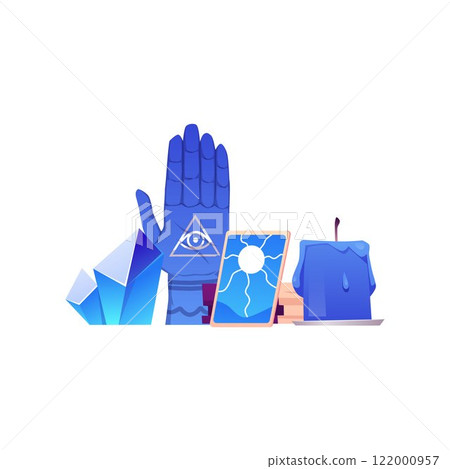 Fortune tellers accessories and occult ritual items, vector flat magic crystals, mirror, hand with eye sign and candle 122000957