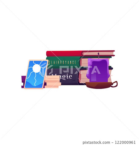 Vector illustration of magic books, tarot cards and an extinguished candle. 122000961