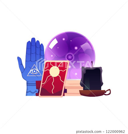 Magical vector elements for oracle: crystal ball, tarot cards, hamsa hand amulet and black candle Magical vector elements for oracle: crystal ball, tarot cards, hamsa hand amulet and black candle 122000962