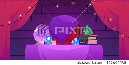 Vector illustration of fortune teller's room with mystical elements: books about magic, a crystal ball 122000986