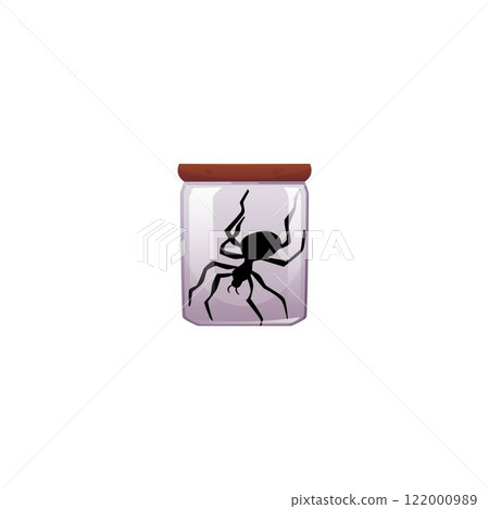 Vector pet spider in a glass jar, perfect for Halloween decoration on a white background 122000989