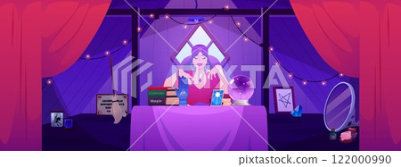Gypsy woman medium reading future with magic crystal ball and tarot vector flat illustration, cartoon fortune teller 122000990