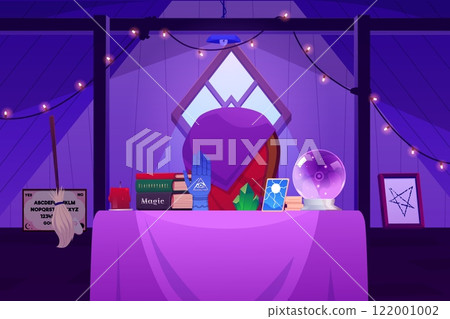 Fortune tellers room interior with witchcraft occult items, vector cartoon crystal ball, magic book, tarot, crystals Fortune tellers room interior with witchcraft occult items, vector cartoon crystal ball, magic book, tarot, crystals 122001002