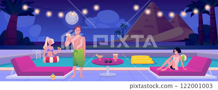 Vector illustration of characters relaxing by the pool with night view of beach and mountains. 122001003