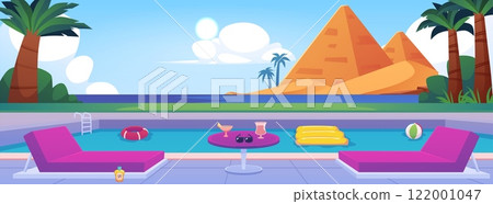 Vector illustration with a swimming pool on background of the sea, pyramids and palm trees. 122001047