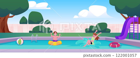 Vector illustration courtyard of a swimming pool, a girl and a boy enjoying a swim. 122001057