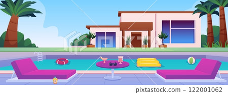 Vector illustration of a house with a swimming pool, palm trees, sun loungers, a table Vector illustration of a house with a swimming pool, palm trees, sun loungers, a table 122001062