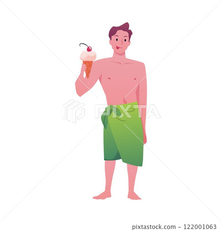 Vector illustration of male character in bathing towel holding ice cream. Vector illustration of male character in bathing towel holding ice cream. 122001063