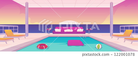 Roofed swimming pool on resort beach, vector illustration. 122001078