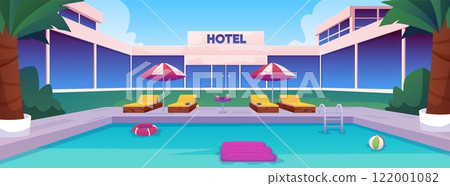 Vector pool scene with palm trees, umbrellas, sun loungers and inflatable circle, ball and mattress Vector pool scene with palm trees, umbrellas, sun loungers and inflatable circle, ball and mattress 122001082