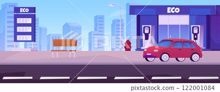 Fueling at ECO gas petrol station on cityscape flat vector, cartoon building, price board, fuel tank, car on the road 122001084