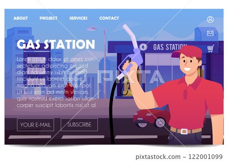 Vector template of online store of gas station with character and city street. 122001099
