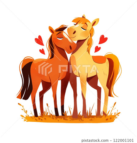 Two horses are hugging each other with hearts on their necks. The scene is a cute and heartwarming illustration Two horses are hugging each other with hearts on their necks. The scene is a cute and heartwarming illustration 122001101