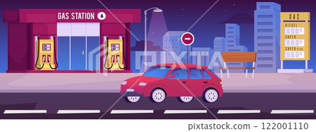 Vector illustration with car is driving along the road past a gas station 122001110