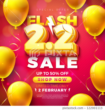 2 February Shopping Day Flash Sale Design with 3d 2.2 Number and Valentines Day Party Balloon on Red Falling Confetti Background. Vector Special Offer 50 Percent Off Campaign Discount Illustration for 122001113