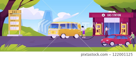 People drivers fueling at gas station on nature landscape, vector cartoon building, price board, fuel tank on the road 122001125