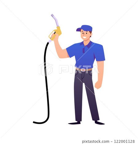 Man refueler in blue uniform holding petrol pump, refilling hose gun, vector cartoon gas or petrol fuel station staff 122001128