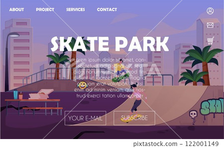 Vector illustration of an online website page with a city skate park. Vector illustration of an online website page with a city skate park. 122001149