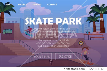 Vector illustration of an internet site with characters in a skate park. 122001163