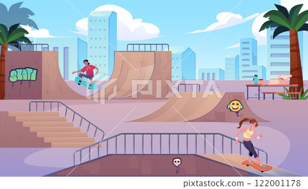 Vector illustration of a skate park with a girl and a guy on skateboards. 122001178