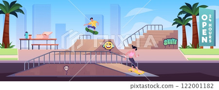 Vector illustration of a skate park with a girl and guy doing tricks on skateboards. 122001182