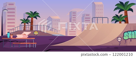 Vector illustration of urban skate park on sunset sky background. 122001210