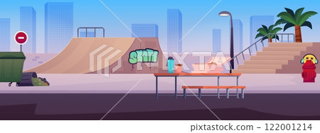 Vector graphics of a skatepark with ramps, benches, trash cans and palm trees. Vector graphics of a skatepark with ramps, benches, trash cans and palm trees. 122001214