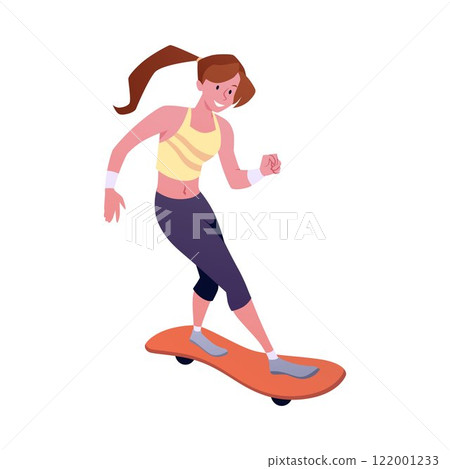 Vector image of girl in a sports uniform riding a skateboard on a white background 122001233