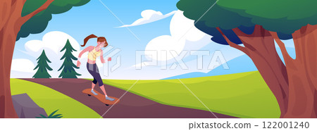 Vector illustration of a girl riding a skateboard on the road in a green park Vector illustration of a girl riding a skateboard on the road in a green park 122001240