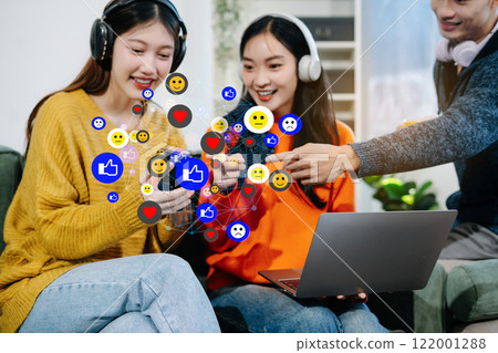 Asian people social media icons screen of lifestyle people with smartphone and laptop computer. 122001288