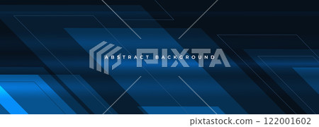 Dark blue modern abstract wide banner with geometric shapes. Bright blue technology abstract background. 122001602