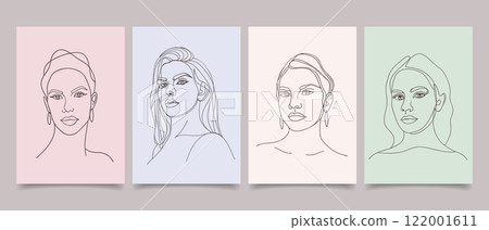 Set of posters with abstract modern portraits of beautiful young women. Line art. Hand drawn illustration. Set of posters with abstract modern portraits of beautiful young women. Line art. Hand drawn illustration. 122001611