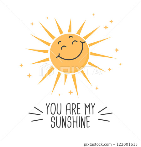 You are my sunshine lettering with cute sun. Hand drawn illustration, postcard, template for congratulations. Sticker for social media content. You are my sunshine lettering with cute sun. Hand drawn illustration, postcard, template for congratulations. Sticker for social media content. 122001613