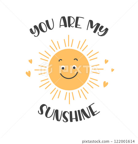 You are my sunshine lettering with cute sun. Hand drawn illustration, postcard, template for congratulations. Sticker for social media content. You are my sunshine lettering with cute sun. Hand drawn illustration, postcard, template for congratulations. Sticker for social media content. 122001614