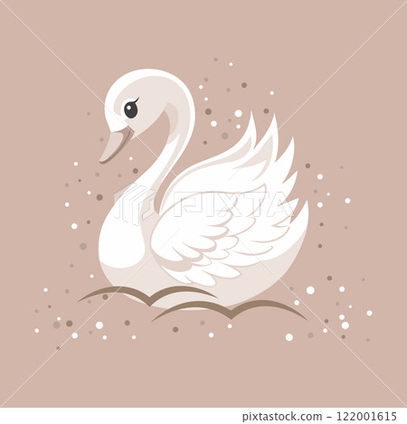 Cute white swan on beige background. Children's illustration, postcard, template for congratulations. Cute white swan on beige background. Children's illustration, postcard, template for congratulations. 122001615