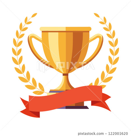 Golden trophy cup icon with laurel wreath isolated on white background. Winner symbol illustration. 122001620