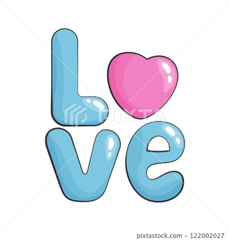 The word love. Blue letters and a pink heart in place of the letter O in cartoon style. The word love. Blue letters and a pink heart in place of the letter O in cartoon style. 122002027