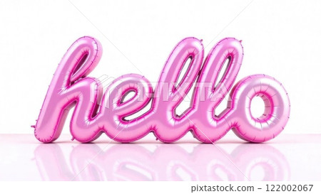 A pink "hello" balloon floats against a white background with a subtle reflection below. Concept of greeting. 122002067
