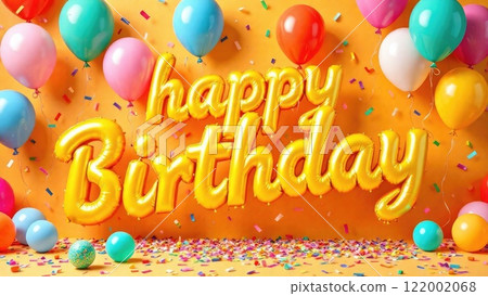 A yellow background with a "Happy Birthday" balloon message surrounded by colorful balloons and confetti. Concept of birthday celebration. 122002068