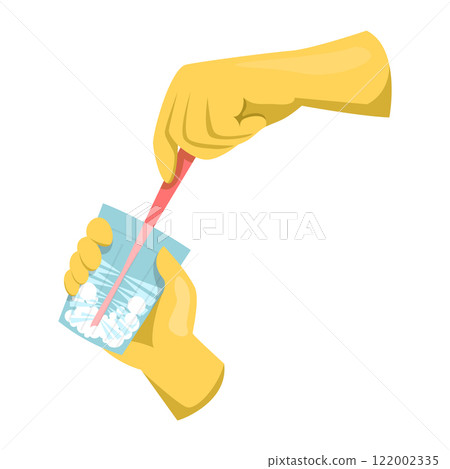 Hands in green rubber gloves washing dishes 122002335