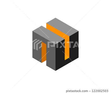 Cube logo, geometric vector design. Box logotype company, trendy tech emblem in pixel style. 122002503