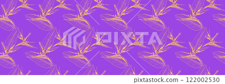 Elegant bird of paradise flower pattern on vibrant purple background.  Perfect for textile prints, wallpaper, or website design.  Stylish line art creates a sophisticated, modern aesthetic. 122002530